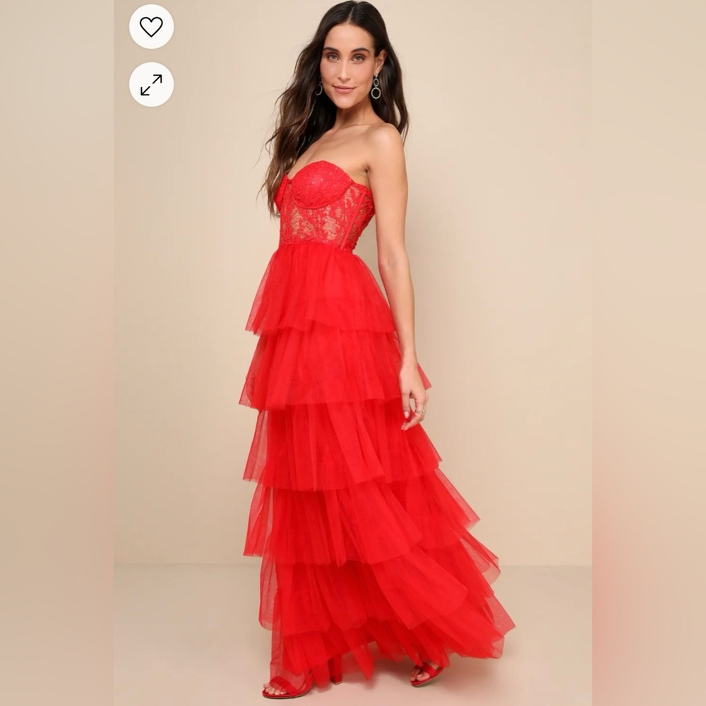 Lulus Radiant Design Red Tulle Lace Strapless Bustier Maxi Dress Size Medium - Picture 1 of 10